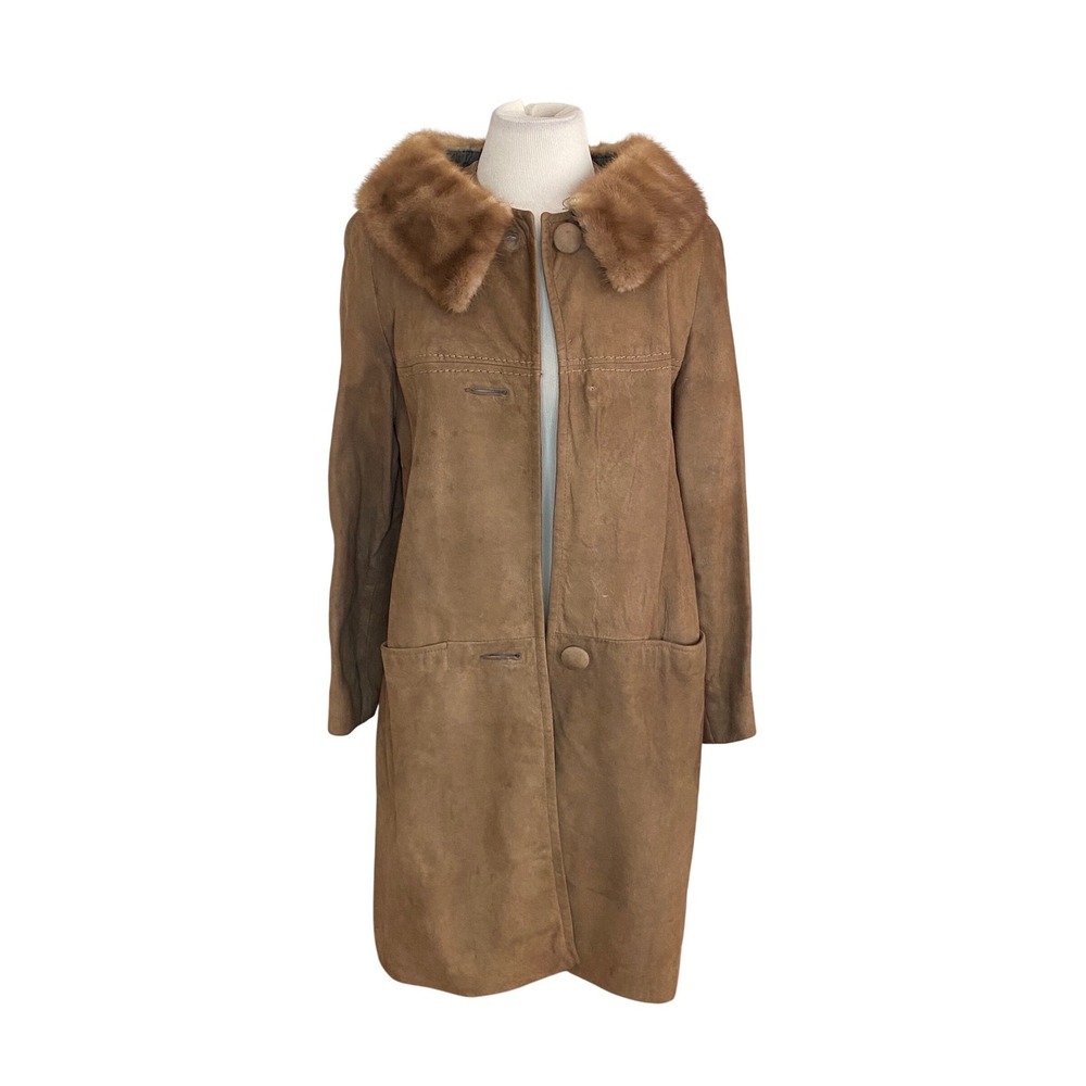 Vintage 50s Suede Fur Collar Coat Warm‎ Winter Outerwear Sz s rockabilly